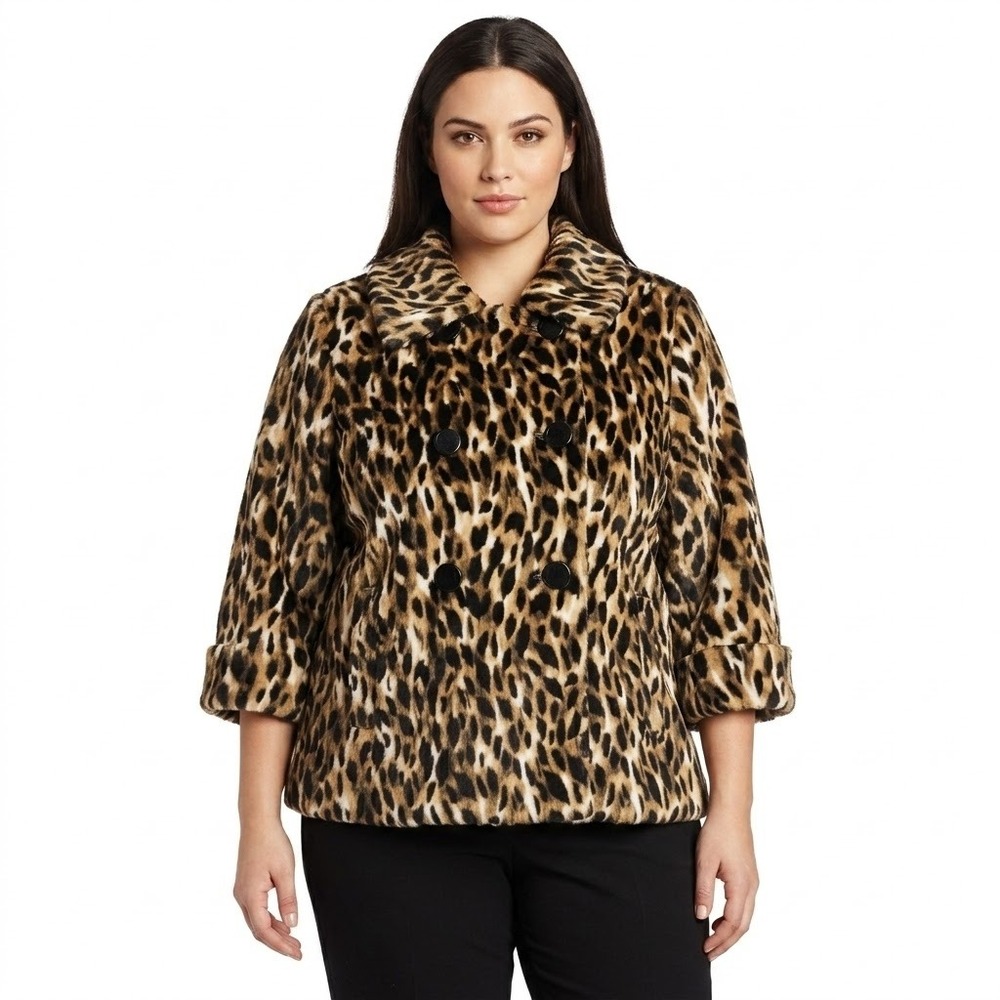 Kardashian Kollection Leopard Print Faux Fur Jacket Women Large Brown Pea Coat